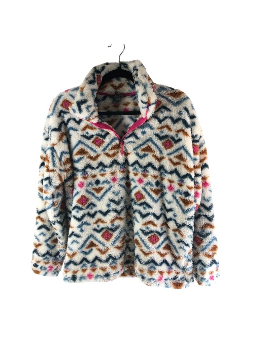 Eddie Bauer Womens Fuzzy Half-Zip Pullover Jacket Colorful Aztec Print L Soft